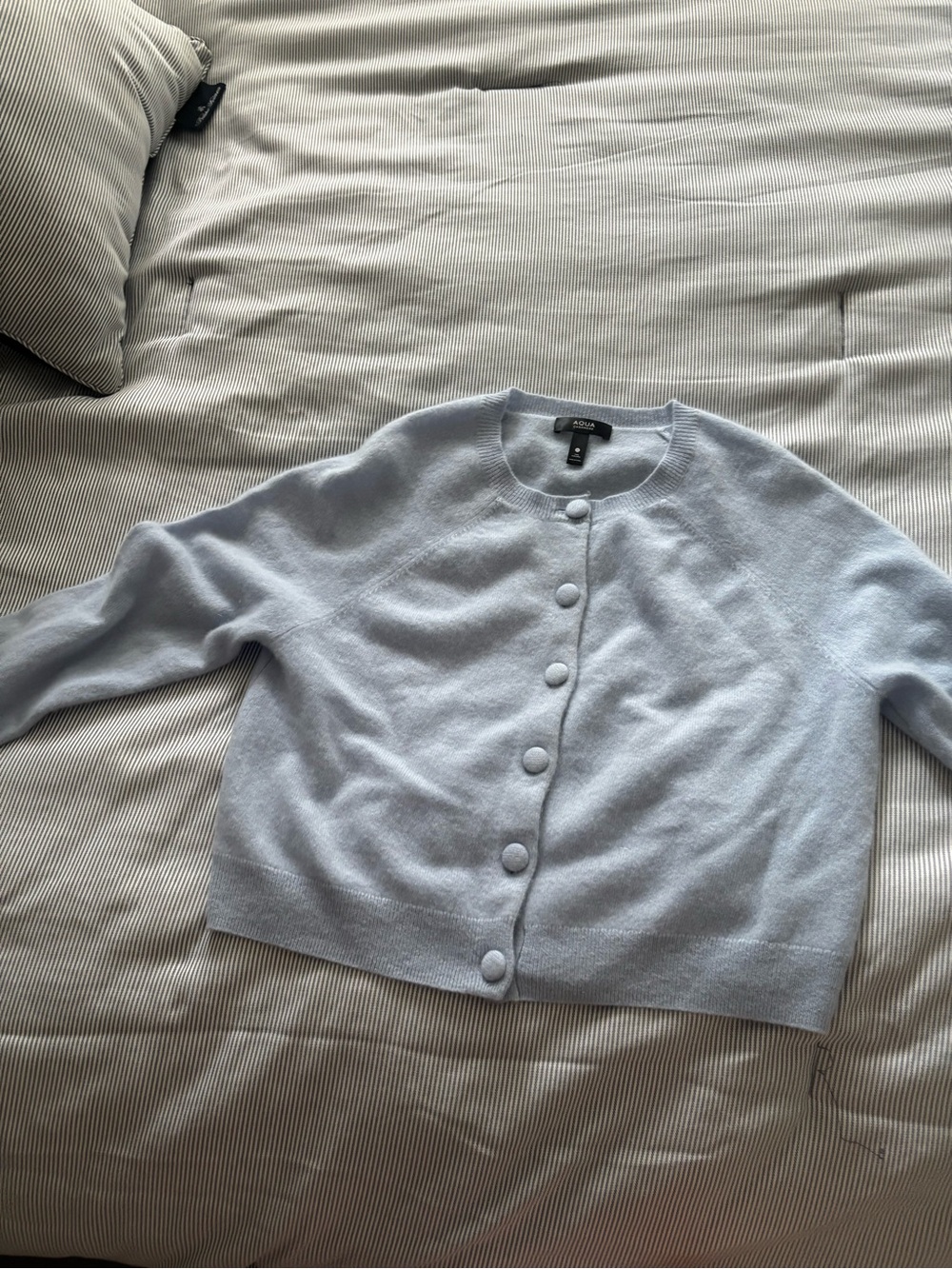 Aqua Pale Blue Button-Front CASHMERE Crewneck Cardigan